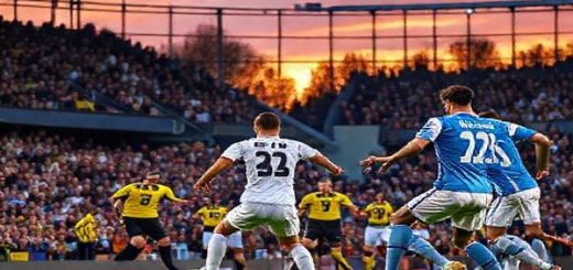 A dramatic football match scene at a vibrant stadium filled with passionate fans, capturing Swansea City in their crisp blue and white uniforms executing a slick passing play, while Oxford United in bold yellow and black jerseys launches a swift counter-attack. The intensity is palpable as the players clash, with a backdrop of cheering supporters waving flags and banners. The sky is painted in hues of sunset, casting a warm glow over the pitch. High definition.