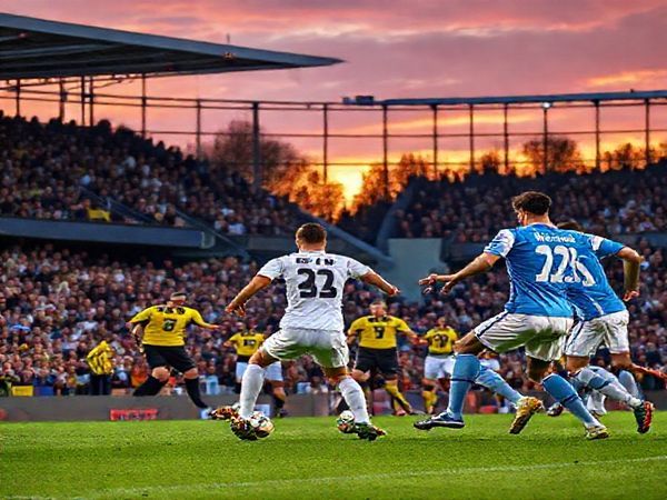 A dramatic football match scene at a vibrant stadium filled with passionate fans, capturing Swansea City in their crisp blue and white uniforms executing a slick passing play, while Oxford United in bold yellow and black jerseys launches a swift counter-attack. The intensity is palpable as the players clash, with a backdrop of cheering supporters waving flags and banners. The sky is painted in hues of sunset, casting a warm glow over the pitch. High definition.