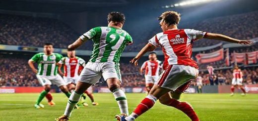A high-definition image of an intense La Liga football match scene set in December 2025, featuring the contrasting styles of Elche and Girona. On one side, Elche players in their green and white kits, showcasing a compact, defensive formation with a towering central defender ready for action. On the other side, Girona players in vibrant red and white kits, aggressively pushing forward with an electrifying winger sprinting past a frustrated defender. The atmosphere is electric, with fans in the stands holding banners, under a bright stadium floodlight, capturing the essence of this tactical clash.