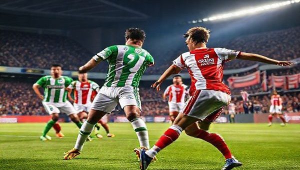 A high-definition image of an intense La Liga football match scene set in December 2025, featuring the contrasting styles of Elche and Girona. On one side, Elche players in their green and white kits, showcasing a compact, defensive formation with a towering central defender ready for action. On the other side, Girona players in vibrant red and white kits, aggressively pushing forward with an electrifying winger sprinting past a frustrated defender. The atmosphere is electric, with fans in the stands holding banners, under a bright stadium floodlight, capturing the essence of this tactical clash.