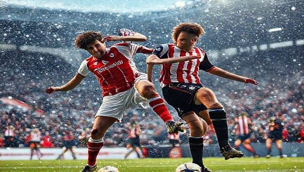 High-definition image of a dramatic football match scene featuring Fleetwood Town and Luton Town players engaged in a fierce clash on a snowy December evening. The focus is on a towering centre-back from Fleetwood, showcasing resilience and determination, while Luton's tactical flair is represented by a swift midfielder making a strategic play. The stadium is filled with excited fans, adorned in team colors, with holiday decorations subtly hinting at the festive atmosphere. The intense energy and contrasting styles of play should radiate from the image, capturing the essence of the FA Cup's unexpected moments.