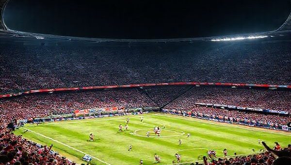 A dramatic football scene featuring a packed stadium under bright floodlights, as Samsunspor and AEK Athens clash in the Europa Conference League. The image captures the intensity of the match with players in dynamic poses, showcasing Samsunspor's high-pressing style versus AEK Athens' tactical play. Include element of a roaring crowd with vibrant team colors, and a tense atmosphere filled with anticipation. The stadium should be alive with enthusiasm, highlighting the passion of both teams' supporters. Make the image in high definition.