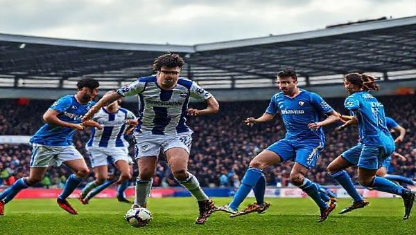 Create a high-definition image depicting a tense moment during the Ipswich vs. Coventry Championship match in December 2025. Capture the contrasting styles: Ipswich players showcasing gritty determination in their traditional blue and white kit, embodying resilience, while Coventry players in vibrant sky blue exhibit flair and speed. Set the scene at Portman Road with fans in the stands, the atmosphere electric, and the chill of winter evident in the breath of the players. The grass is vibrant green, and a dramatic sky looms overhead, hinting at the high stakes of this pivotal match.
