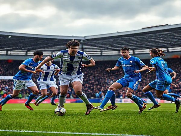Create a high-definition image depicting a tense moment during the Ipswich vs. Coventry Championship match in December 2025. Capture the contrasting styles: Ipswich players showcasing gritty determination in their traditional blue and white kit, embodying resilience, while Coventry players in vibrant sky blue exhibit flair and speed. Set the scene at Portman Road with fans in the stands, the atmosphere electric, and the chill of winter evident in the breath of the players. The grass is vibrant green, and a dramatic sky looms overhead, hinting at the high stakes of this pivotal match.