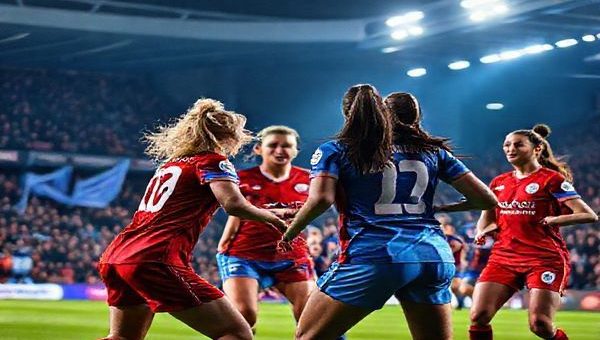 A vibrant scene unfolding in a packed stadium under the glow of December lights, showcasing Leicester Women and Manchester City Women in a thrilling Super League match. Capture the dynamic energy of players like Shannon O’Brien and Jemma Purfield from Leicester in fiery red and blue jerseys, locked in an intense moment of play against the poised and elegant Manchester City team led by Khadija Shaw. The background features a cheering crowd and banners waving, encapsulating the spirit of competition and ambition in women’s football. Make this image in high definition.