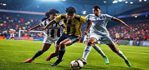 A high-definition image of a dramatic football match scene set against a vibrant December evening, showcasing the fierce clash between Union Saint-Gilloise and Marseille. The players are dynamically positioned, with Union's passionate underdogs pressing intensely against Marseille's elegant and composed style. Bright stadium lights illuminate the pitch, while fans display colorful banners and jerseys in the background, capturing the electric atmosphere of the UEFA Champions League. The contrasting styles of gritty determination versus graceful technique are palpable in the players' expressions and movements.