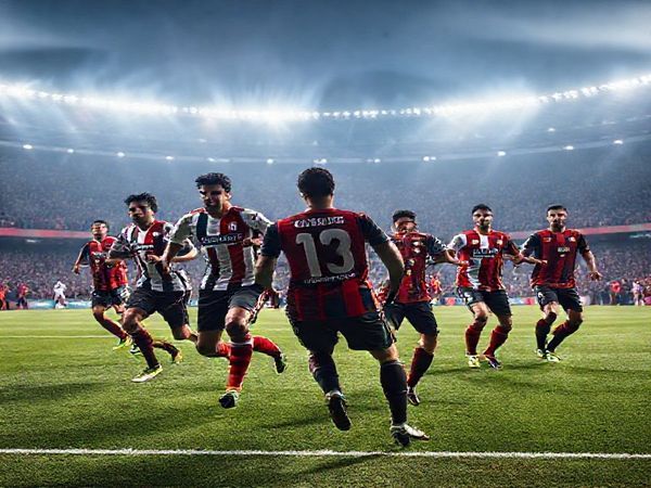 Create a high definition image capturing the dramatic atmosphere of a Serie A match between Cagliari and Roma in December 2025. Depict the two teams in dynamic action, with Cagliari's players showcasing their grit and determination, and Roma's squad exhibiting flair and tactical acuity. Set the scene in a packed Italian stadium with vibrant fans, dramatic lighting, and the tension of the game palpable in the air. Include elements like tactical formations on the field, stylish jerseys, and an intense rivalry atmosphere.