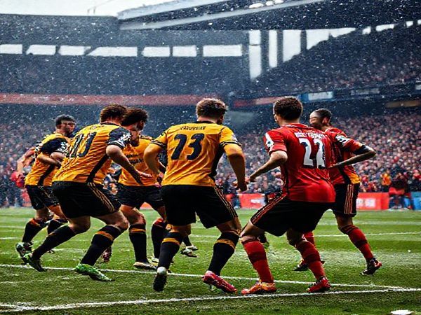 A dramatic football scene set on a frosty December day, showcasing a tense match between Wolverhampton Wanderers and Nottingham Forest. The Wolves players, in their traditional gold and black kits, exhibit disciplined formation and tactical prowess as they press aggressively against the vibrant Forest team in their classic red. The stadium is filled with passionate fans, breath visible in the cold air, while the coaches strategize from the sidelines, reflecting intense focus and determination. Capture the essence of this thrilling Premier League encounter in high definition.
