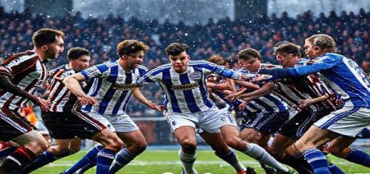 A dynamic football scene set in a chilly Scottish stadium, with Forfar Athletic and East Kilbride players clashing in a fierce mid-game moment. Focus on intense facial expressions, rugged uniforms, and a vibrant crowd in the background, showcasing the electrifying atmosphere of the Scottish League Two. Include elements of snow gently falling and the iconic Scottish landscape in the backdrop. Create the image in high definition.