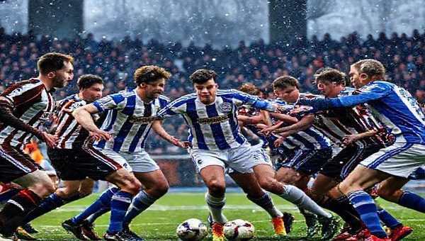 A dynamic football scene set in a chilly Scottish stadium, with Forfar Athletic and East Kilbride players clashing in a fierce mid-game moment. Focus on intense facial expressions, rugged uniforms, and a vibrant crowd in the background, showcasing the electrifying atmosphere of the Scottish League Two. Include elements of snow gently falling and the iconic Scottish landscape in the backdrop. Create the image in high definition.
