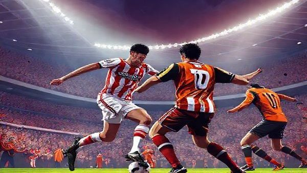 "Create a high-definition image portraying the intense clash between Rotherham United and Blackpool in a packed stadium under floodlights. Illustrate Rotherham in their red and white striped kits, showcasing their disciplined defense, and depict Blackpool in vibrant orange and black, featuring their dynamic attacking play. Capture the passionate fans, the tension in the air, and the contrasting styles of play, with Rotherham's structured shape opposing Blackpool's fluid movement, evoking the spirit of grassroots English football."