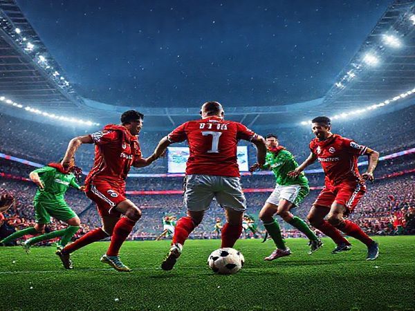 Create a high definition image depicting an intense Champions League football match between Bayern Munich and Sporting Lisbon in December 2025. Capture the electrifying atmosphere of the Allianz Arena, with fans in vibrant scarves and jerseys, the iconic stadium illuminated under the winter night sky. Show Bayern Munich's disciplined players in red, elegantly coordinating a tactical play against Sporting Lisbon's audacious squad in green, with a focus on a dramatic midfield duel. Convey the urgency, excitement, and high stakes of this clash of football titans!
