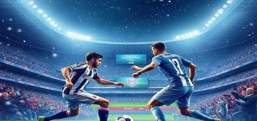 Create a high definition image of the Estadio Mendizorrotza under bright floodlights, with a dramatic winter atmosphere featuring snowflakes gently falling. Illustrate two football teams in a dynamic clash: Alaves players with gritty determination in blue and white stripes, showcasing their counter-attacking style, and Real Sociedad players in their sleek blue and white kits, demonstrating their possession-based game. Capture the tension and excitement of the match, with fans cheering passionately in the stands and a scoreboard displaying "Alaves vs. Real Sociedad - December 6, 2025".