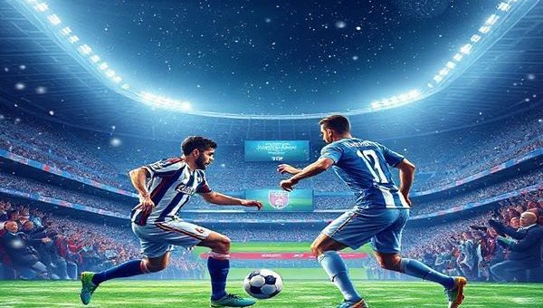 Create a high definition image of the Estadio Mendizorrotza under bright floodlights, with a dramatic winter atmosphere featuring snowflakes gently falling. Illustrate two football teams in a dynamic clash: Alaves players with gritty determination in blue and white stripes, showcasing their counter-attacking style, and Real Sociedad players in their sleek blue and white kits, demonstrating their possession-based game. Capture the tension and excitement of the match, with fans cheering passionately in the stands and a scoreboard displaying "Alaves vs. Real Sociedad - December 6, 2025".