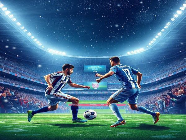 Create a high definition image of the Estadio Mendizorrotza under bright floodlights, with a dramatic winter atmosphere featuring snowflakes gently falling. Illustrate two football teams in a dynamic clash: Alaves players with gritty determination in blue and white stripes, showcasing their counter-attacking style, and Real Sociedad players in their sleek blue and white kits, demonstrating their possession-based game. Capture the tension and excitement of the match, with fans cheering passionately in the stands and a scoreboard displaying "Alaves vs. Real Sociedad - December 6, 2025".