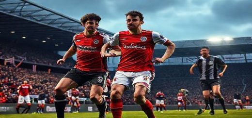 A high-definition image of an intense Scottish Championship football match between Ayr United and Partick Thistle. The scene captures a dramatic moment with players in vibrant team kits, embodying grit and determination. Ayr's captain Lewis Mayo is shown leading a counter-attack, while Partick's striker Leon McKee showcases a fierce pressing stance. The stadium is packed with passionate fans waving banners, under a moody, atmospheric sky that hints at the stakes of the December showdown. The energy is palpable, with players in dynamic poses, conveying the tactical clash between counter-attacking and pressing styles.