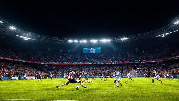 A high-definition image depicting an intense football match between Dinamo Zagreb and Real Betis in a dramatic Europa League setting. The stadium is buzzing with fans, vibrant flags waving in the air, and spotlights illuminating the players in action. Capture Dinamo Zagreb’s disciplined defense, contrasted with Real Betis’ fluid attacking flair, showcasing a thrilling moment of tactical chess where players navigate the pitch amidst a backdrop of tension and excitement. Include the December night sky and vibrant colors to enhance the atmosphere of competition and ambition.