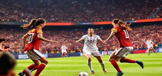 A high-definition image of a vibrant football stadium filled with passionate fans, featuring a dramatic showdown between Spain and Germany's women's teams on the field. Spain's players, donned in their iconic red jerseys, exhibit grace and precision as they execute a tiki-taka pass, while Germany's players in their striking white kits unleash their high-pressing tactics in response. Capture the electric atmosphere, showcasing the intensity and pride of this pivotal Women's Nations League match, with clear details of the players’ expressions and the dynamic play unfolding.