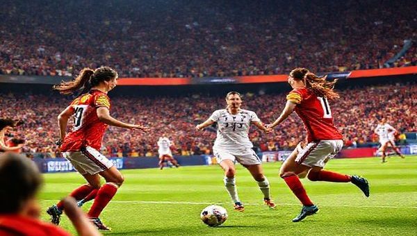 A high-definition image of a vibrant football stadium filled with passionate fans, featuring a dramatic showdown between Spain and Germany's women's teams on the field. Spain's players, donned in their iconic red jerseys, exhibit grace and precision as they execute a tiki-taka pass, while Germany's players in their striking white kits unleash their high-pressing tactics in response. Capture the electric atmosphere, showcasing the intensity and pride of this pivotal Women's Nations League match, with clear details of the players’ expressions and the dynamic play unfolding.