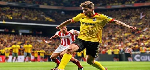 "Create a high definition image of an intense football match scene showcasing FC Kairat in their vibrant yellow jerseys clashing against Olympiacos in their classic red and white stripes. The stadium is packed with passionate fans, banners waving, the atmosphere electric as they battle in the Champions League. Depict a dynamic moment on the pitch where Kairat's midfielder Sanzhar Tursyn elegantly dribbles past Olympiacos' Andreas Bouchalakis, with the crowd on the edge of their seats. Capture the determination and strategic clash of these two football philosophies in a visually stunning representation."