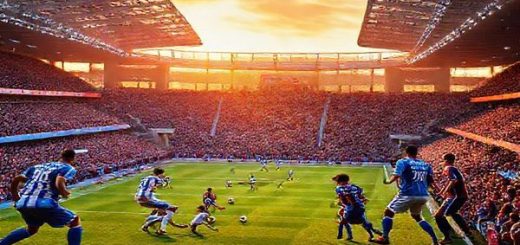 A high-definition image of a vibrant football stadium on the south coast of England, packed with excited fans, as Brighton and Aston Villa players clash on the pitch. Capture the essence of the match with Brighton's Seagulls in their traditional blue and white stripes executing a quick passing play, while Aston Villa’s players in claret and blue prepare for a counter-attack. The atmosphere is electric, with the sun setting in the background, casting a golden glow over the scene. Include details like dynamic player movements, a focus on the midfield battle between Caicedo and Luiz, and the tactical intensity radiating from the sidelines, showcasing the managers strategizing furiously.