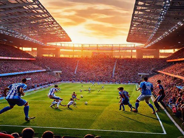 A high-definition image of a vibrant football stadium on the south coast of England, packed with excited fans, as Brighton and Aston Villa players clash on the pitch. Capture the essence of the match with Brighton's Seagulls in their traditional blue and white stripes executing a quick passing play, while Aston Villa’s players in claret and blue prepare for a counter-attack. The atmosphere is electric, with the sun setting in the background, casting a golden glow over the scene. Include details like dynamic player movements, a focus on the midfield battle between Caicedo and Luiz, and the tactical intensity radiating from the sidelines, showcasing the managers strategizing furiously.