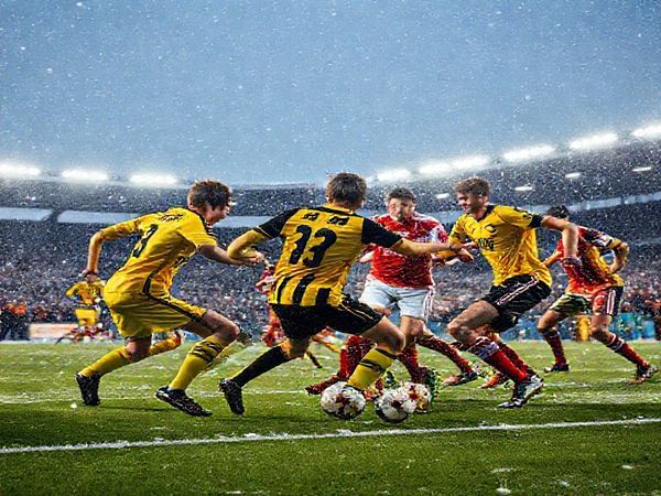 "An intense football match scene under a snowy sky, featuring a dynamic clash between the Young Boys and Lille. The Young Boys, in bright yellow and black jerseys, exhibit high energy and a fast-paced game, while Lille players in red and white uniforms display tactical precision and defensive solidity. The stadium is packed with enthusiastic fans amidst flurries of snow, and the floodlights illuminate the fierce competition. Capture the emotions of determination, excitement, and rivalry in high definition."