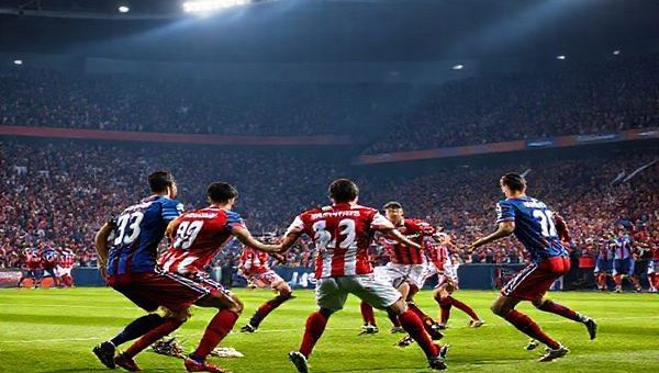 A high-definition image depicting a dramatic football match between Osasuna and Levante in a packed stadium under the lights. Osasuna players, clad in their red and white uniforms, display a solid defensive formation, while Levante, in their blue and garnet jerseys, exude energy and intensity as they launch a high-octane attack. The scene captures the tension of tactical chess, with fans passionately cheering in the background, banners waving, and the excitement of La Liga palpable in the air.