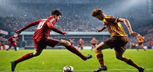 High definition image of a dramatic football match scene on a frosty December day, showcasing two teams clashing on a vibrant green pitch. One team in bold maroon uniforms representing Falkirk, displaying a resilient and attacking spirit, while the other team in rich gold and brown representing Motherwell, embodying a strategic and disciplined approach. The stadium is filled with passionate fans, their breath visible in the cold air, as players execute intricate plays, weaving strategically like pieces on a chessboard. Capture the tension and excitement of the moment, emphasizing the importance of this pivotal Scottish Premiership match.