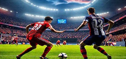 Create a high definition image depicting an intense football match between Shkendija and Slovan Bratislava, set in a vibrant stadium filled with cheering fans. The scene should capture the dynamic clash of styles, with Shkendija's players in solid defensive formation and Slovan Bratislava's team executing an aggressive attack. Showcase the key players: Oktay Mustafi strategically orchestrating play and David Strelec poised to score, amidst a backdrop of bright stadium lights and a dramatic sky. Emphasize the emotion, grit, and tactical chess of this pivotal Europa Conference League encounter in December 2025.