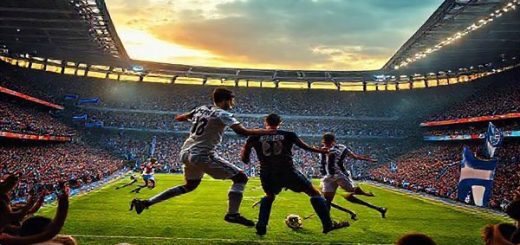 A dramatic football scene depicting Preston North End facing Coventry City in a vibrant arena, filled with passionate fans. Emphasize the clash of contrasting styles: Preston's disciplined, steely defense against Coventry's explosive, attacking flair. Capture the intensity of players like Liam Lindsay and Callum O’Hare battling in the midfield. The atmosphere is electric, with banners waving and the sun setting, casting a golden hue over the stadium. Create this image in high definition.