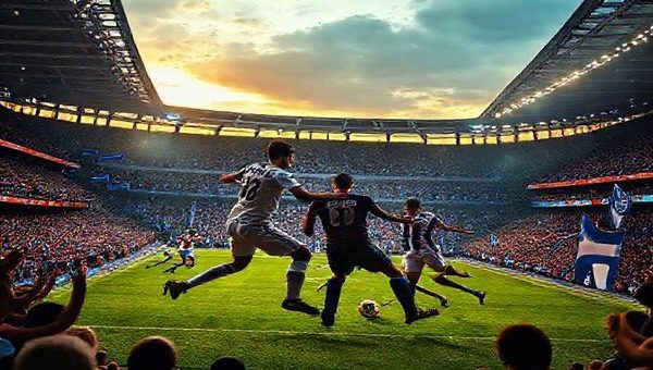 A dramatic football scene depicting Preston North End facing Coventry City in a vibrant arena, filled with passionate fans. Emphasize the clash of contrasting styles: Preston's disciplined, steely defense against Coventry's explosive, attacking flair. Capture the intensity of players like Liam Lindsay and Callum O’Hare battling in the midfield. The atmosphere is electric, with banners waving and the sun setting, casting a golden hue over the stadium. Create this image in high definition.