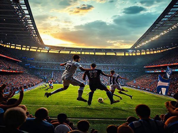 A dramatic football scene depicting Preston North End facing Coventry City in a vibrant arena, filled with passionate fans. Emphasize the clash of contrasting styles: Preston's disciplined, steely defense against Coventry's explosive, attacking flair. Capture the intensity of players like Liam Lindsay and Callum O’Hare battling in the midfield. The atmosphere is electric, with banners waving and the sun setting, casting a golden hue over the stadium. Create this image in high definition.