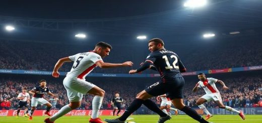 High-definition image of an intense football match between Le Havre and Paris FC, set in a vibrant stadium under the floodlights, showcasing the contrasting styles: Le Havre's gritty defenders, embodying relentless determination, against Paris FC's stylish attackers, leading with flair and precision. Capture the electrifying atmosphere with passionate fans in the stands, dynamic players in action, and tactical visuals emphasizing the midfield battle.