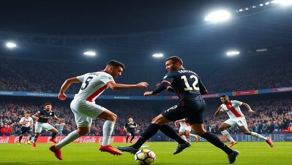 High-definition image of an intense football match between Le Havre and Paris FC, set in a vibrant stadium under the floodlights, showcasing the contrasting styles: Le Havre's gritty defenders, embodying relentless determination, against Paris FC's stylish attackers, leading with flair and precision. Capture the electrifying atmosphere with passionate fans in the stands, dynamic players in action, and tactical visuals emphasizing the midfield battle.