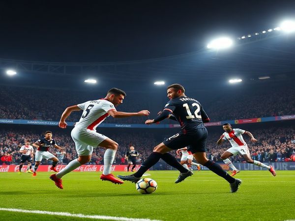 High-definition image of an intense football match between Le Havre and Paris FC, set in a vibrant stadium under the floodlights, showcasing the contrasting styles: Le Havre's gritty defenders, embodying relentless determination, against Paris FC's stylish attackers, leading with flair and precision. Capture the electrifying atmosphere with passionate fans in the stands, dynamic players in action, and tactical visuals emphasizing the midfield battle.