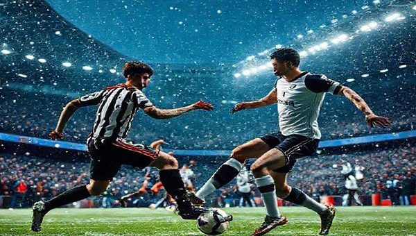 "Create a high definition image of a dramatic football match between Newcastle United and Tottenham Hotspur on a chilly December night in 2025. Capture the intensity of the players in action, with Newcastle's defensive solidity and Spurs' elegant offensive flair clashing in a vibrant stadium filled with passionate fans. Include snowy elements in the background to emphasize the winter atmosphere, along with the iconic team colors of black and white for Newcastle and navy and white for Spurs."