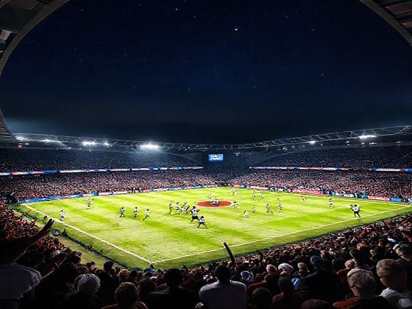 A high-definition image capturing the intense atmosphere of a Premier League match between Fulham and Crystal Palace at Craven Cottage, December 2025. Show a vibrant night scene with fans passionately cheering in the stands, players clashing on the pitch in dramatic action poses, and the iconic stadium illuminated against a starry sky. Emphasize the clash of styles: Fulham's aggressive high-pressing play juxtaposed with Crystal Palace's strategic counter-attacks. Include dynamic motion and tension, symbolizing the tactical chess game unfolding.