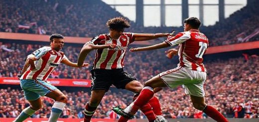 A high definition image of a thrilling Championship football match between Sheffield United and Stoke City, set in a vibrant stadium filled with passionate fans. Capture the intense moment as players clash on the pitch; Sheffield United's defenders, showcasing grit and resilience, are engaged in a tactical battle against Stoke City's creative midfielders, aiming to maintain possession. The stadium is alive with dynamic energy, colorful banners waving, and the atmosphere crackling with anticipation.