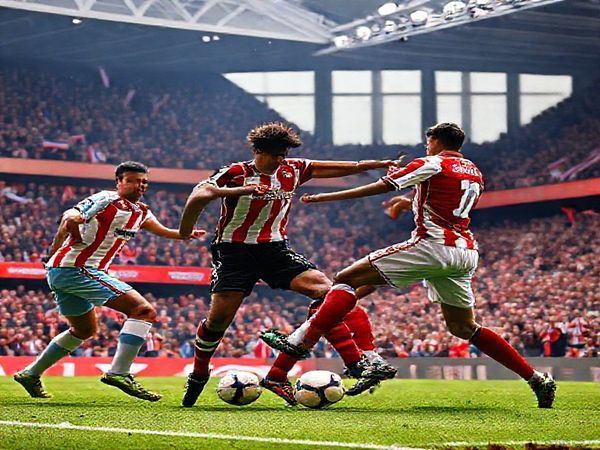 A high definition image of a thrilling Championship football match between Sheffield United and Stoke City, set in a vibrant stadium filled with passionate fans. Capture the intense moment as players clash on the pitch; Sheffield United's defenders, showcasing grit and resilience, are engaged in a tactical battle against Stoke City's creative midfielders, aiming to maintain possession. The stadium is alive with dynamic energy, colorful banners waving, and the atmosphere crackling with anticipation.