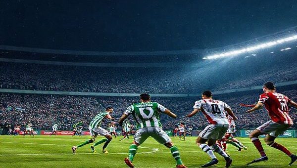 High-definition image of an intense football match between Panathinaikos and Viktoria on a cold December night in 2025, featuring a packed stadium filled with passionate fans. Show the players in vibrant green and white jerseys for Panathinaikos, engaged in tactical formations, while Viktoria players in their red and white kits execute precise passes. Capture the electricity of the crowd, the strategic duel on the field, and the dramatic atmosphere under stadium lights, symbolizing a clash of cultures and footballing legacies.