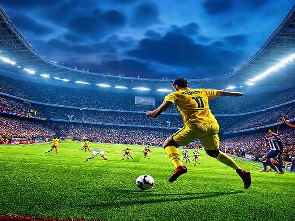 Create a high definition image depicting a dramatic football match scene at the Estadio de la Cerámica on December 10, 2025, showcasing Villarreal in their yellow kit, symbolizing the 'Yellow Submarine', battling FC Copenhagen in their blue and white uniforms. The stadium should be filled with passionate fans, banners waving, under a vibrant night sky with stadium lights illuminating the pitch. Capture the intensity of players in action, a midfielder's tactical maneuver, and the anticipation of an upcoming goal, reflecting the high stakes of the Champions League.