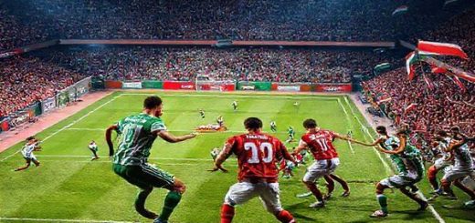 **Image Prompt:** A high-stakes football showdown depicting Rapid Vienna and Omonia Nicosia in a tense moment of the Europa Conference League match. Capture the vibrant stadium atmosphere filled with enthusiastic fans waving flags, as players from both teams engage in an intense tactical battle on the pitch. Show Rapid Vienna's high-pressing style with agile forwards making quick, darting movements, contrasted with Omonia Nicosia's disciplined formation, ready to counterattack. Include vivid colors and dynamic poses to enhance the sense of urgency and competition. **Make the image in high definition.**