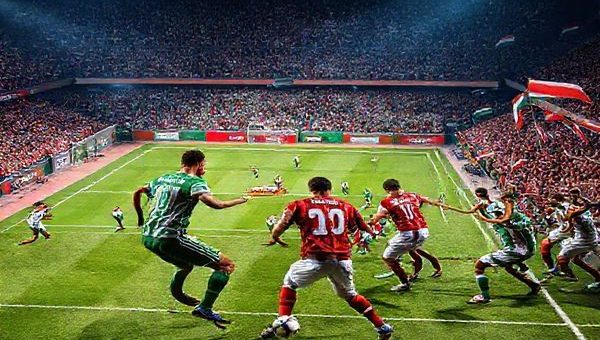 **Image Prompt:** A high-stakes football showdown depicting Rapid Vienna and Omonia Nicosia in a tense moment of the Europa Conference League match. Capture the vibrant stadium atmosphere filled with enthusiastic fans waving flags, as players from both teams engage in an intense tactical battle on the pitch. Show Rapid Vienna's high-pressing style with agile forwards making quick, darting movements, contrasted with Omonia Nicosia's disciplined formation, ready to counterattack. Include vivid colors and dynamic poses to enhance the sense of urgency and competition. **Make the image in high definition.**