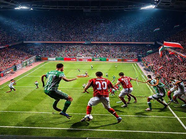 **Image Prompt:** A high-stakes football showdown depicting Rapid Vienna and Omonia Nicosia in a tense moment of the Europa Conference League match. Capture the vibrant stadium atmosphere filled with enthusiastic fans waving flags, as players from both teams engage in an intense tactical battle on the pitch. Show Rapid Vienna's high-pressing style with agile forwards making quick, darting movements, contrasted with Omonia Nicosia's disciplined formation, ready to counterattack. Include vivid colors and dynamic poses to enhance the sense of urgency and competition. **Make the image in high definition.**