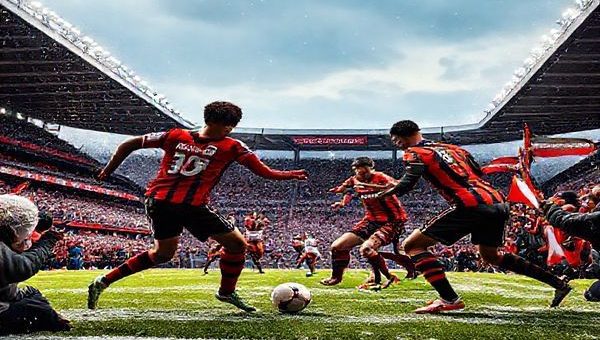 A high-definition image showcasing an intense football match between Salford City and Leyton Orient in December 2025. The scene is set in a vibrant stadium under a wintry sky, with contrasting teams' colors: Salford's players energetically pushing forward, displaying youthful enthusiasm, while Leyton Orient's seasoned defenders maintain a compact formation, ready to absorb pressure. The atmosphere is electric, surrounded by passionate fans waving flags and banners, evoking the spirit of a classic FA Cup clash.
