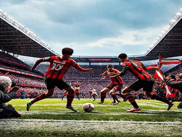A high-definition image showcasing an intense football match between Salford City and Leyton Orient in December 2025. The scene is set in a vibrant stadium under a wintry sky, with contrasting teams' colors: Salford's players energetically pushing forward, displaying youthful enthusiasm, while Leyton Orient's seasoned defenders maintain a compact formation, ready to absorb pressure. The atmosphere is electric, surrounded by passionate fans waving flags and banners, evoking the spirit of a classic FA Cup clash.