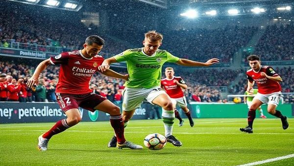 High-definition image of a dynamic soccer match between Wolfsburg and Union Berlin on a snowy December day in 2025, capturing the intensity of the players battling for the ball on the pitch. The scene showcases Wolfsburg's disciplined defense with a vibrant green jersey backdrop, contrasted against Union Berlin's gritty players in bold red jerseys, all under the dramatic floodlights of the stadium. Surrounding fans display a mix of emotions, creating an electric atmosphere, with snowflakes gently falling around them, enhancing the high-stakes feeling of this pivotal Bundesliga clash.