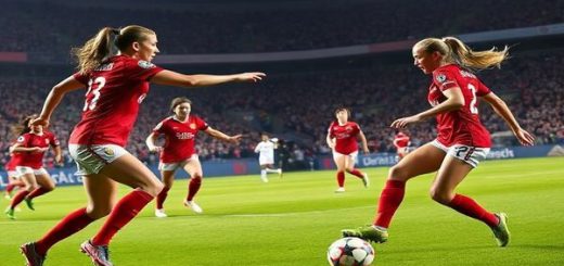 A high-definition image capturing an intense women's football match between Manchester United Women and OL Lyon. The scene features a dynamic on-field confrontation, with Manchester United players in their classic red kit showcasing aggressive pressing against Lyon’s poised, possession-focused strategy. Relentless energy and strategic depth are on display, with standout players Ella Toone and Ada Hegerberg illuminated in action amidst a roaring crowd in a dramatic stadium under a starlit sky. The atmosphere buzzes with anticipation and passion, encapsulating the essence of the Women's Champions League.