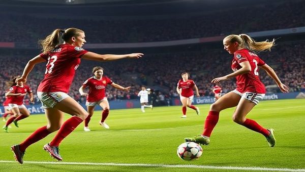 A high-definition image capturing an intense women's football match between Manchester United Women and OL Lyon. The scene features a dynamic on-field confrontation, with Manchester United players in their classic red kit showcasing aggressive pressing against Lyon’s poised, possession-focused strategy. Relentless energy and strategic depth are on display, with standout players Ella Toone and Ada Hegerberg illuminated in action amidst a roaring crowd in a dramatic stadium under a starlit sky. The atmosphere buzzes with anticipation and passion, encapsulating the essence of the Women's Champions League.
